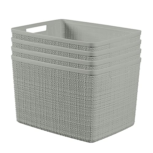 Curver Set of 4 Jute Large Decorative Plastic Organization and Storage Baskets, Perfect Bins for Home Office, Closet Shelves, Kitchen Pantry and All Bedroom Essentials, Grey - color: Grey, size: Large 20L