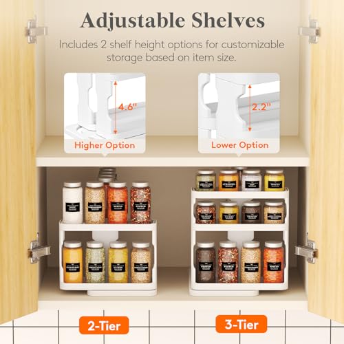 Lifewit Sliding Spice Rack for Cabinets, 6.4"H x 11.1"D x 6.1"W Slide Out Swive Cupboard Spice Organizer with Non-Slip Mat, Adjustable 2-Tier Shelves with Fence, Pull Out Medicine Cabinet Organization