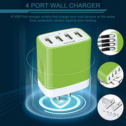 Wall Charger, USB Charger Adapter, 4.8A 4Multi Port Fast Charging Station | Power Base Block Plug Cube Brick for iPhone, iPad, Samsung Galaxy, Moto, Google Pixel, Kindle Fire Plug Cargador Carro - color: Green