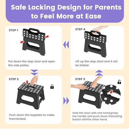 HBTower Folding Step Stool 9 Inch - Holds 600 lb, Non-Slip Surface & Carry Handle - Sturdy Step Stool for Kids, Toddlers & Adults - Compact Foldable Foot Stool for Kitchen, Bathroom, Bedroom, Outdoor - color: Black