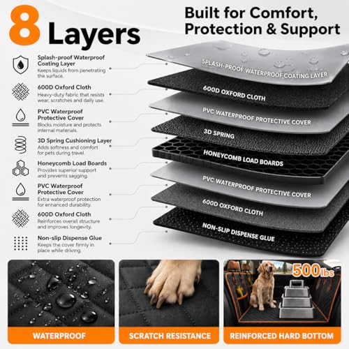 Dog Car Seat Cover for Back Seat, Hard Bottom Back Seat Extender for Dogs — Supports 500lbs for Safe Road Trips, Waterproof Pet Hammock Suitable for Large Breeds in Cars, SUVs & Trucks