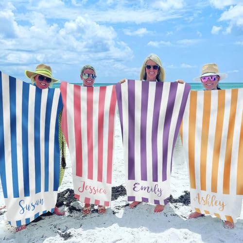 Personalized Beach Towel with Name Custom Microfiber Kids Beach Towels Sand Free Quick Dry Pool Towel Stripes Print Beach Towels for Adults 30x60 Inch - color: Multi-color 25