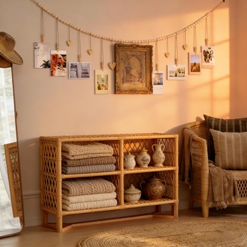 1 Pack Hanging Photo Display with Clips, Photo String with Clips, Boho Wall Decor Wooden Beads Garland with 9 Clips for Living Room, Bedroom, Dorm, Classroom (1Pack)
