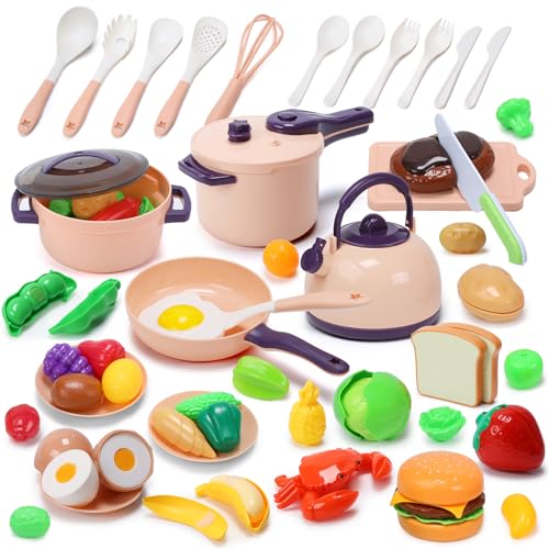 CUTE STONE 51-Piece Mini Play Kitchen Accessories for Kids, Pretend Cooking Playset with Pots, Pans, Utensils, Cutting Fun Fruits & Veggies, Learning Gift for Toddlers, Girls & Boys - style: Purple Cooking Set