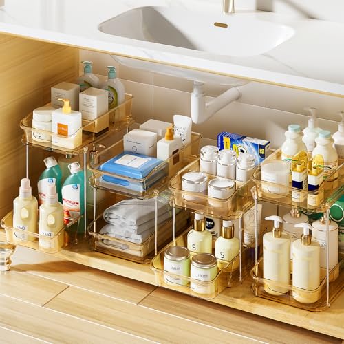 Delamu 2-Tier Under Sink Organizers and Storage, Multi-Purpose Stackable Bathroom Cabinet organizers, Pull Out Kitchen Pantry Organization and Storage with Dividers(4 Pack, Amber) - color: Amber, size: 4 Pack