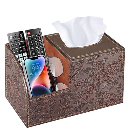 PU Leather Square Tissue Box Cover - Multi-Functional Tissue Box Holder, Tissue Box Cover with Storage,Tissue and Remote Control Holder, Cube Tissue Box Organizer Bedroom Nightstand End Table - color: Retro