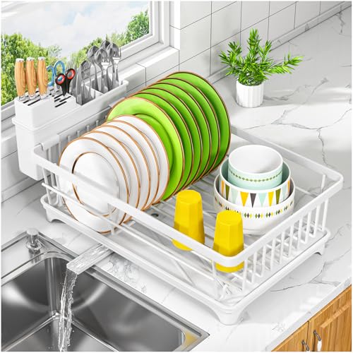 Kmiectse Dish Drying Rack - Space-Saving Small Dish Rack for Kitchen Counter, Rust-Resistant Kitchen Drying Rack, Compact Dish Drainer Organizer with Utensil Holder for Home Kitchen, White - color: White