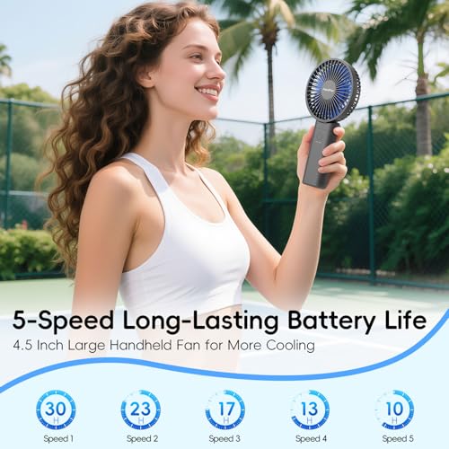 HandFan Upgraded 10,000 mAh Quiet Handheld Fan - 4.5 Inch Large Hand Held Fans Reahargeable, 180° Foldable Portable Fan [30 Working Hours] with Lanyard, Base for Disney/Travel/Concerts/Beach/Office - color: Blue‑Blade Black‑10000mAh