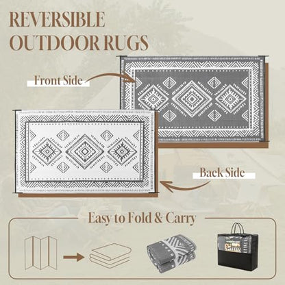 OMERAI Reversible Waterproof Outdoor Rug for Backyard,Plastic Textured Resistant Outdoors Rugs,Portable Washable Easy Cleaning Foldable Camping Beach Carpet for Patio Courtyard, 6'x9' Gray & White
