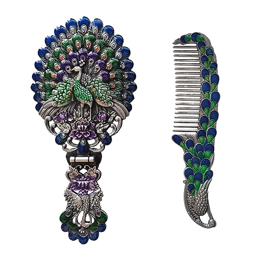 Rayberro Vintage Handheld Mirror with Comb Set, Metal Embossed Peacock Vintage Hand Mirror, Face Beauty Makeup Mirror, Foldable Personal Cosmetic Mirror, Portable Compact Travel Mirror (Blue) - color: Blue Peacock
