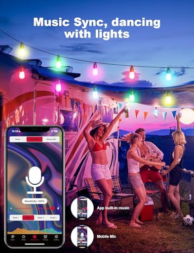 Outdoor String Lights APP Control with Remote, 64(52+12) ft RGB+IC+Warm White Outdoor Lights 18 LED Bulbs Music Sync for Garden Party Decor Christmas - size: 64FT S14-RGB Smart IC