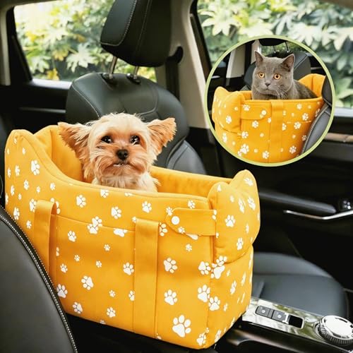 Center Console Dog Car Seat for Small Dogs Up to 15 lbs,Yellow | Made with durable Oxford fabric, soft memory foam, reinforced straps, and a removable washable cover - color: Yellow