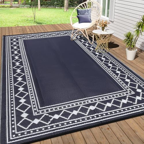 Garvee Outdoor Rug 9x18 Waterproof for Patio, Large Plastic Straw Mat for Camping, Porch, RV, Reversible Rugs for Deck Entryance Picnic Balcony Beach,Black/Blue - color: Black/Blue, size: 9' x 18' (Rectangular)