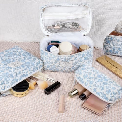Gosect Makeup Bag, Large Quilted Cosmetic Bag, Big Floral Make Up Bag for Women Girls, Cute Cotton Makeup Bag Set, Flower Travel Toiletry Organizer Bag (Blue Flower) - color: Flower