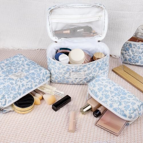 Gosect Makeup Bag Set, Quilted Makeup Bag, Large Floral Cosmetic Bag for Women, Cute Cotton Makeup Bags, Flower Travel Toiletry Organizer Bag (Blue Peacock Flower) - color: Blue Peacock Flower