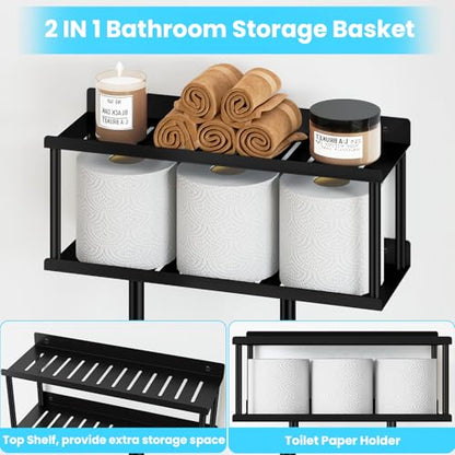 STWWO Bathroom Towel Storage Rack, Metal Towel Racks Wall Mounted Can Holds 5 Large Towels, 30.5IN Bathroom Towel Holder with Shelf & Storage Basket, Towel Organizer with 3 Hooks for RV, Apt, Black