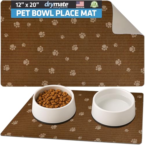 Drymate Pet Bowl Placemat, Dog & Cat Food Feeding Mats, 12x20, Tan Paw | Absorbent Fabric, Waterproof Backing, Slip-Resistant, Machine Washable, Contains Spills & Mess, Protects Floors, USA Made - color: Brown Stripe Tan Paw, size: 20"L x 12"W