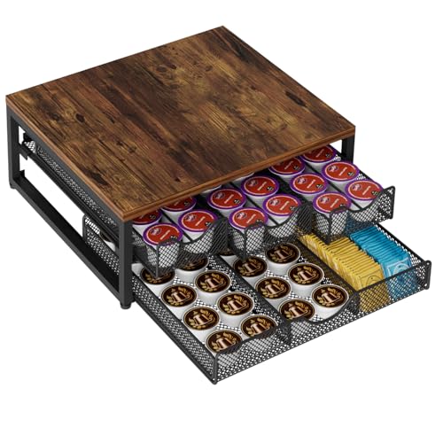 Coffee Pod Holder For Counter, 3 Pull-Out 72 K-Cup Holder Drawer, Wooden Cafe Pods Storage Organizer with Sliding Drawers for Coffee Station, Home, Kitchen, Office, Dorm (Antique Finish) - color: Antique Finish