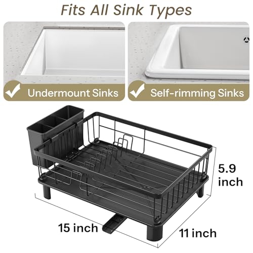 SNTD Dish Drying Rack - Space-Saving Dish Rack for Kitchen Counter, Stainless Steel Dish Drainer with Utensil Holder and Drainboard, 11" W x 15" L (Black) - color: Black, size: 11" W x 15" L