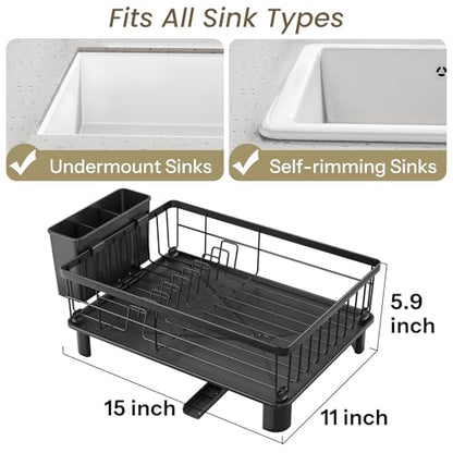 SNTD Dish Drying Rack - Space-Saving Dish Rack for Kitchen Counter, Stainless Steel Dish Drainer with Utensil Holder and Drainboard, 11" W x 15" L (Black) - color: Black, size: 11" W x 15" L