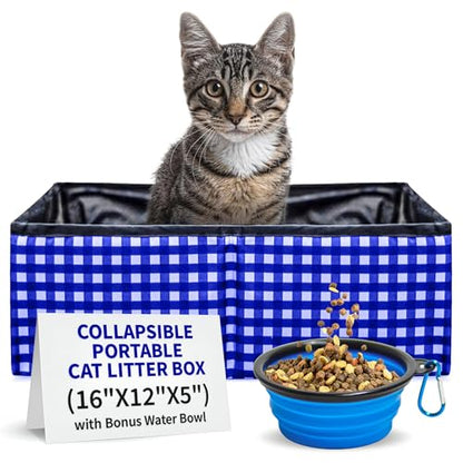 Pet Fit For Life - Vibrant Collapsible Travel Cat Litter Box - Portable, Foldable, Compact Design with Bonus Water Bowl - Ideal for Car & Camping - Reusable, Cats Safe - Blue, (16"x12"x5") - color: Blue
