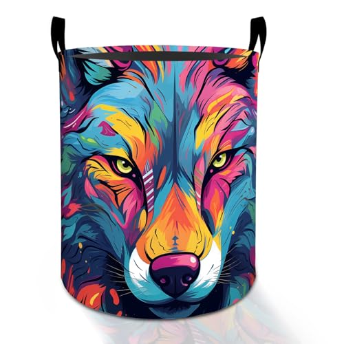 Colorful Wolf Laundry Basket Hamper for Boys Girls Kids Adults, Foldable Waterproof Oxford Clothes Storage Bin, Wild Animal Art Organizer for Bedroom Bathroom Room Decor 19.7"x15.8" - style: Wolf
