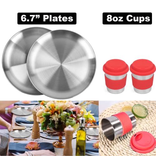 Bisgear Camping Cookware Kettle Backpacking Stove Mess Kit, Camping Pots and Pans Set with Cups Plates Utensils, Camping Kitchen Accessories Cooking Set Survival Gear