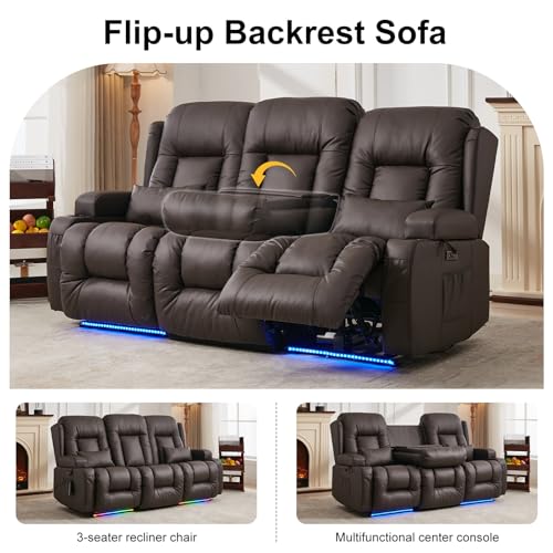 TUNYI Power Loveseat Recliner Sofa with Massage & Heat Home Theater Seating with Console RV Recliner Loveseat Sofa with USB/Storage/Side Pocket/LED Light/Speaker (Brown, 3 Seat) - color: Brown, size: 3 Seat