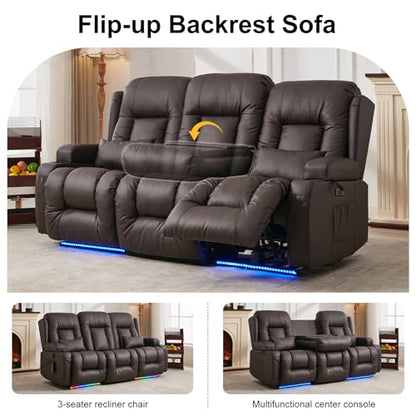 TUNYI Power Loveseat Recliner Sofa with Massage & Heat Home Theater Seating with Console RV Recliner Loveseat Sofa with USB/Storage/Side Pocket/LED Light/Speaker (Brown, 3 Seat) - color: Brown, size: 3 Seat