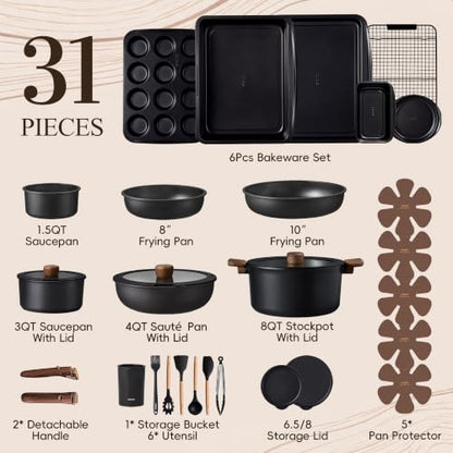 CAROTE 31pcs Nonstick Pots and Pans Set with Baking Pans Set, Cookware Sets with Detachable Handle, Kitchen Cooking Set - Camping Cookware, Dishwasher & Oven Safe, Induction Compatible - color: Black, size: 31 Piece