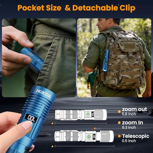 Hoxida Rechargeable Flashlights 2 Pack, 6 Modes Zoomable Powerful Tactical Linternas with LCD Digital Display, Super Bright High Lumens Handheld Magnetic Flashlights for Home Emergencies Camping - color: Blue