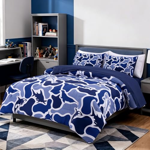 Meeting Story Twin Camo Bedding Set 5 Piece for Boys, Ocean Camo Comforter Set with Shark & Whale, Soft Lightweight All Seasons Kids Bedding Set(Navy,Twin)