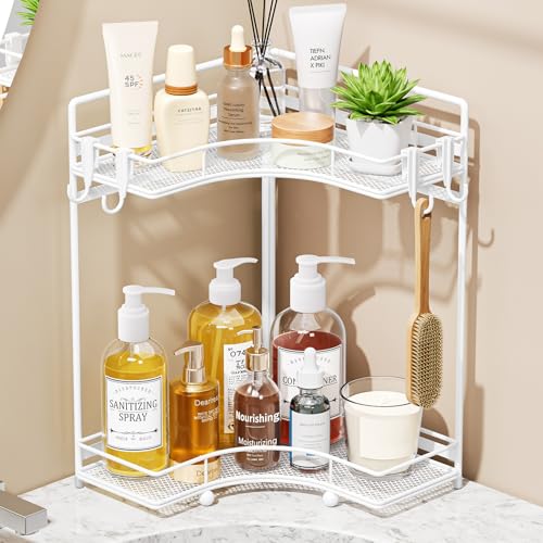 VITVITI 2-Tier Corner Bathroom Counter Organizer, Bathroom Countertop Organizer Storage for Sink, Metal Mesh Makeup Organizer for Vanity Countertop Kitchen with Hooks,White - color: White