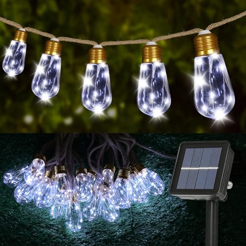 Solar Outdoor String Lights 24Ft Vintage Hemp Rope Solar Lights with 20 Shatterproof Bulbs,Solar Powered Patio String Lights with 8 Modes and Memory Function for Fence Garden Balcony Camping Bistro - color: White, size: 24ft