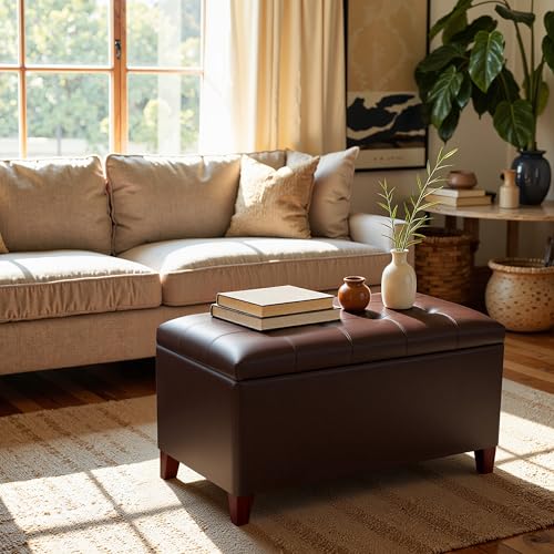 Joveco Storage Ottoman Bench, 33 Inches Faux Leather Rectangle Tufted Foot Stool for End Foot of Bed, Bedroom, Living Room, Brown - color: Brown Faux Leather