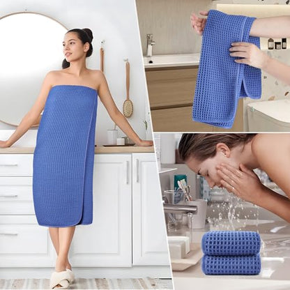 POLYTE 430 GSM Microfiber Quick Dry Lint Free Oversize Bath Towel Set, 6 Piece (Waffle Weave) - color: Royal Blue