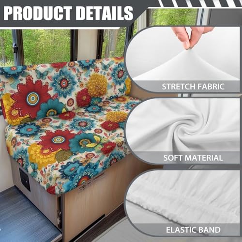Boho Flowers RV Dinette Cushions Covers RV Bench Furniture Protector Set with 1 Backrest Cover & 1 Bench Cover, Washable - color: Boho Flowers