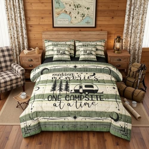 Erosebridal 7 Pieces Queen Happy Camping Decor Bedding Sets Rustic Camper Comforter Set, Camper Accessories for Travel Trailers Sheet Set, Farmhouse Bed Sets Country Bedding Comforter Sets - color: Black Green, size: Queen