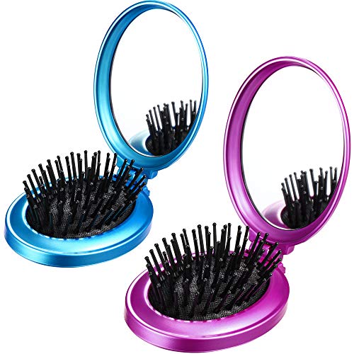 Boao 2 Pack Foldable Travel Mirror Hair Brushes Portable Folding Pocket Hair Brush Mini Comb Compact Travel Size Massage Comb for Men Women(Blue, Purple,Round) - color: Blue, Purple, style: Round