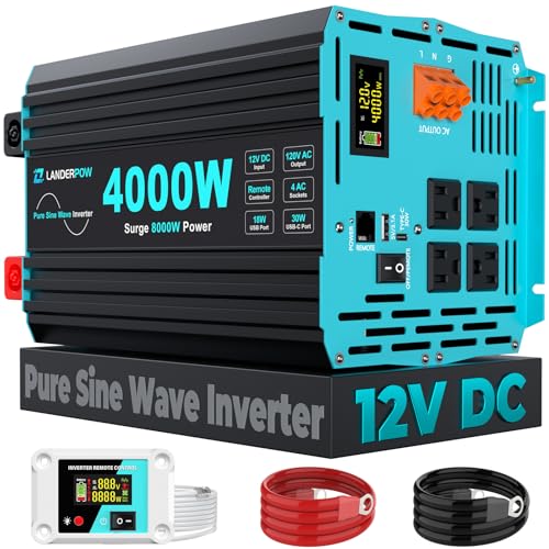 4000 Watt Inverter Pure Sine Wave 12V DC to 120V AC for RV, Truck, Solar, Home, Off-Grid, Power Inverter with 4 AC Outlet, 30W Type-C, 5V 3.1A USB, Hardwire Port, Remote Control, Surge 8000W - color: Black+Blue, size: 12V-4000W Pure Sine Wave Inverter