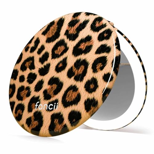 Fancii Taylor LED Lighted Travel Makeup Mirror, Rechargeable, 10x /1x Magnifying, Tru-Glow Lighting System, XL Large 5” Wide | Compact Mirror for Purses (Cheetah Chic) - color: Cheetah Chic