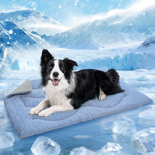 Queenmore Cooling Dog Mat for Dogs, Washable Dog Cooling Mat Indoor Outdoor, Non-Slip Portable Kennel Puppy Bed for Summer, Keep Your Pet Cool (Blue Wave, Large(35" x 27")) - color: Blue Wave, size: Large