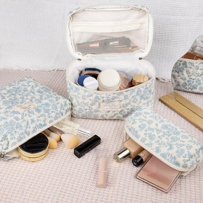Gosect Quilted Makeup Bag Set, Large Floral Cosmetic Bag for Women, Cute Cotton Makeup Bag, Flower Travel Toiletry Organizer Bag. (Navy Blue) - color: Navy Blue