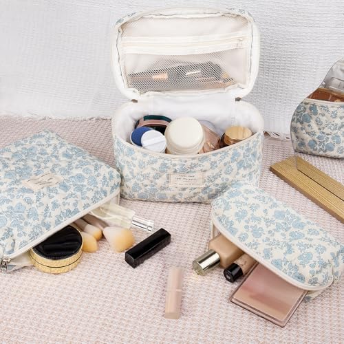 Gosect Large Makeup Bag Set, Quilted Makeup Bag, Floral Cosmetic Bag for Women, Cute Cotton Makeup Bags, Flower Travel Toiletry Organizer Bag (white) - color: BYT