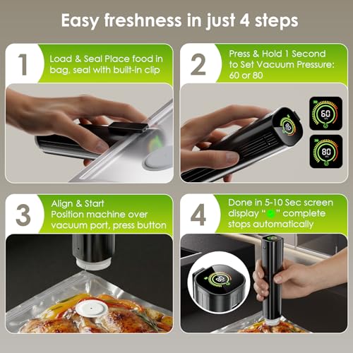 Elxis Vacuum Sealer, Portable handheld Vacuum Sealer + 30 Reusable Vacuum Bags, Portable Food Sealer, With LED pressure display, 2-Speed Pressure Control (60/80 Kpa) - size: Vacuum Sealer + 30 Bags