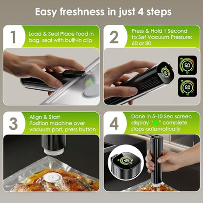 Elxis Vacuum Sealer, Portable handheld Vacuum Sealer + 30 Reusable Vacuum Bags, Portable Food Sealer, With LED pressure display, 2-Speed Pressure Control (60/80 Kpa) - size: Vacuum Sealer + 30 Bags
