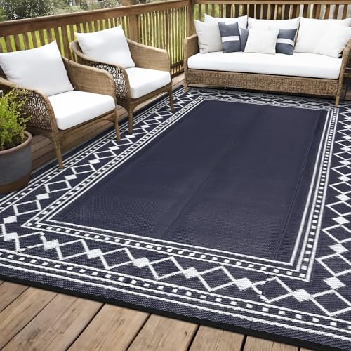 Garvee Outdoor Rug 9x12 Waterproof for Patio, Large Plastic Straw Mat for Camping, Porch, RV, Reversible Rugs for Deck Entryance Picnic Balcony Beach,Black/Blue - color: Black/Blue, size: 9' x 12' (Rectangular)
