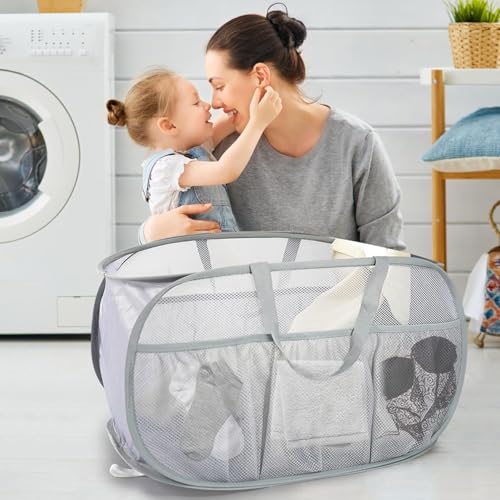 Collapsible Laundry Baskets, Upgrade Pop Up Laundry Hamper with Convenient Bags, Foldable Laundry Basket Mesh Light Weight, Easy to Carry Clothes Hampers for Laundry, Dorm, Toys, Travel 4 Pack - color: Black+Grey+Green+Beige