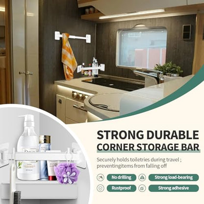 RV Shower Corner Storage Bar Kit - Adjustable Rod, White Base Frame for RV Bathroom Organization (2-Pack)