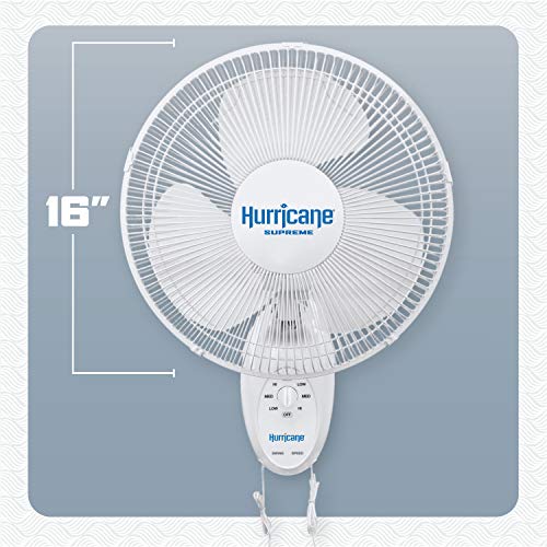 Hurricane 16" Supreme Oscillating Wall Mount Fan w/ 3 Quiet Speeds, White - Corded Electric Air Cooling Unit w/ Easy Pull Cord Controls for Homes, Greenhouses, Garages, Workshops & Gyms - style: 16" Supreme